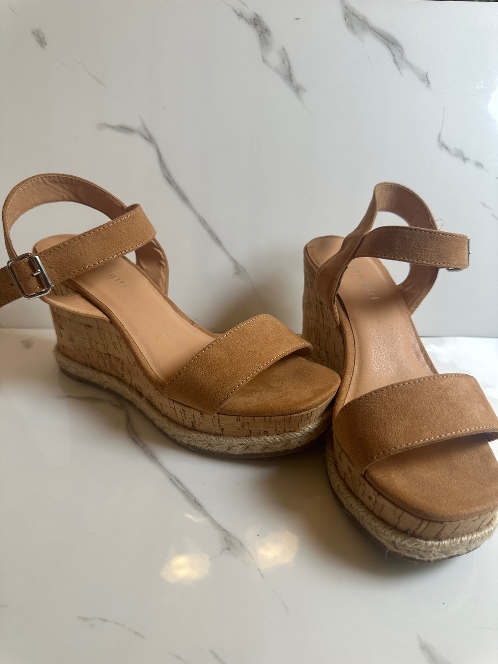 Madden Girl Tan Suede Cork Espadrille Wedge Sandals